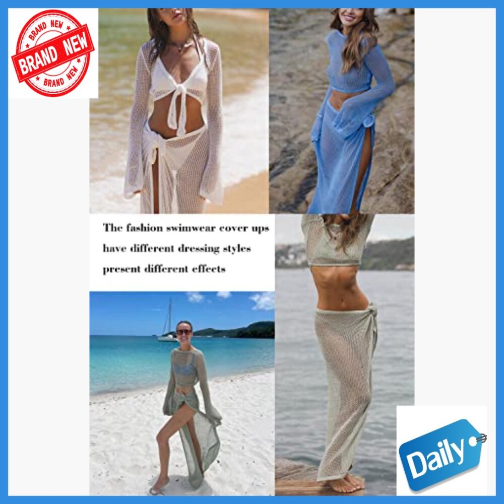Crochet Hollow Out Mesh Cover Up Set with Long Sleeves Medium - Picture 3 of 7